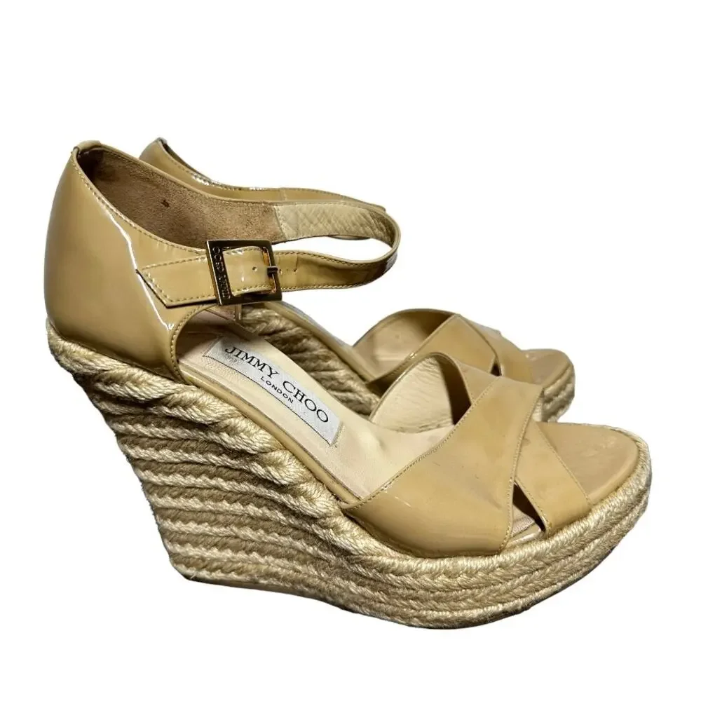Jimmy Choo Porto Espadrille Wedge Sandals Patent Crisscross Straps Tan 36.5 6